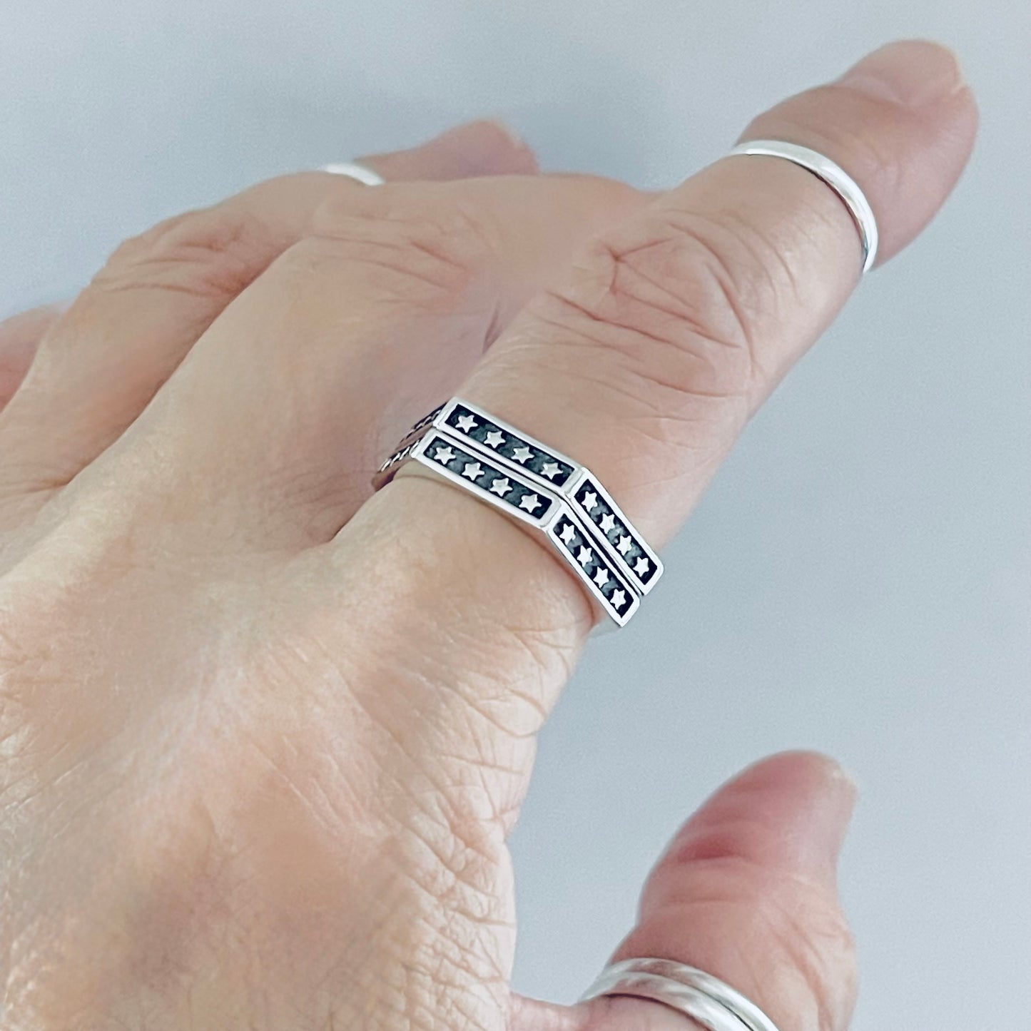 Sterling Silver Unisex Eternity Hexagon Star Ring, Wedding Band, Celestial Rings, Stackable, Stars