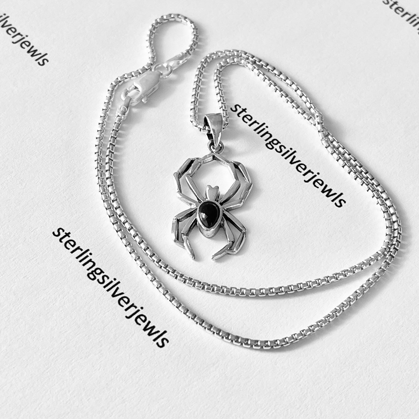 Sterling Silver Large Spider with Black Onyx Necklace, Silver Bug Necklace