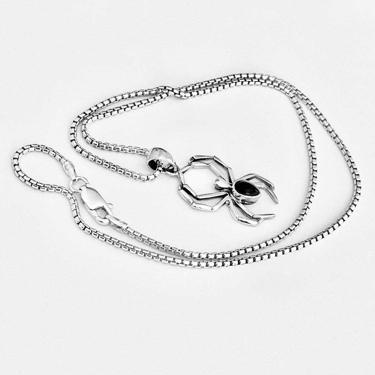 925 Sterling Silver Spider with Black Onyx Necklace | Insect Bug Spiderweb Pendant Chain