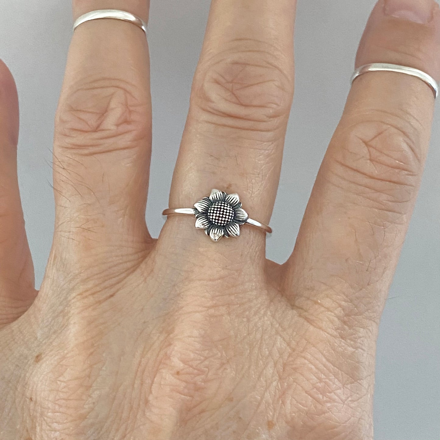 Sterling Silver Small Sunflower Ring, Minimalist Flower Silver Rings