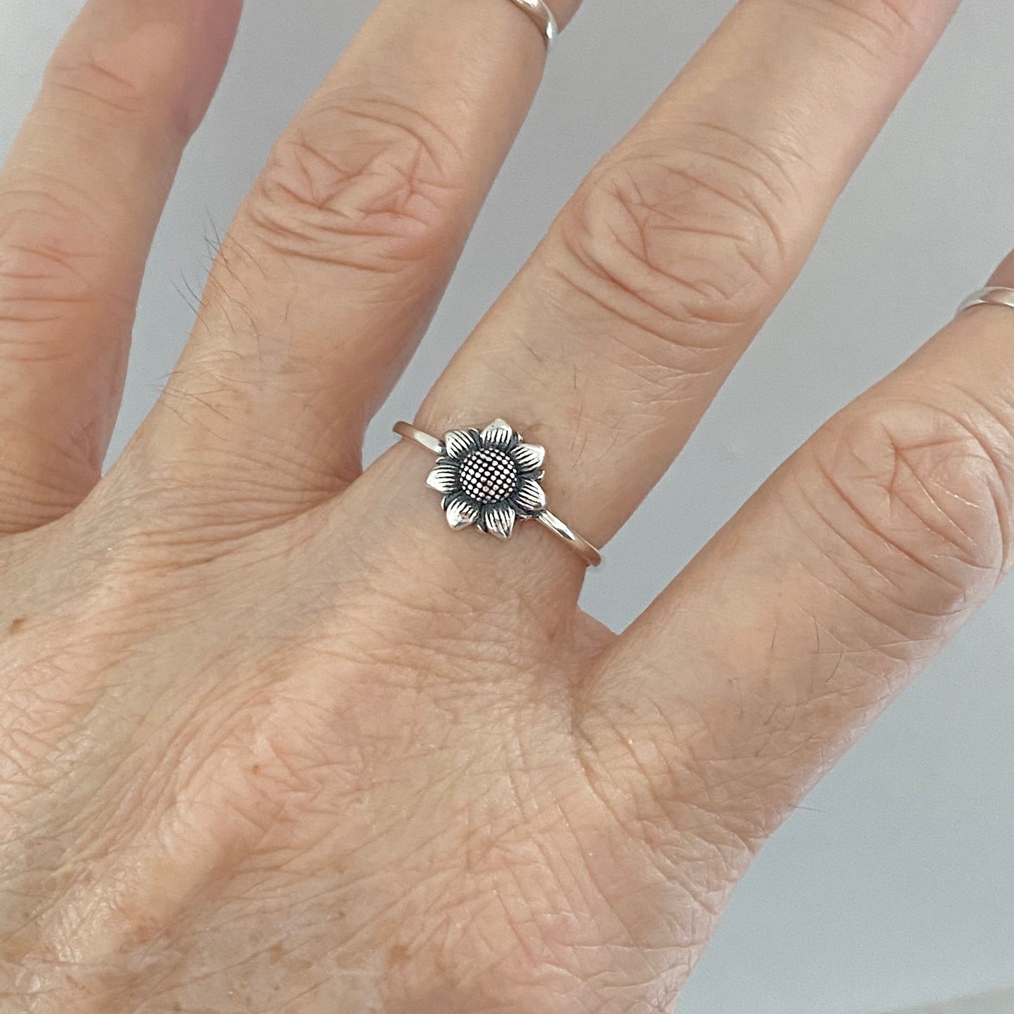 Sterling Silver Small Sunflower Ring, Minimalist Flower Silver Rings