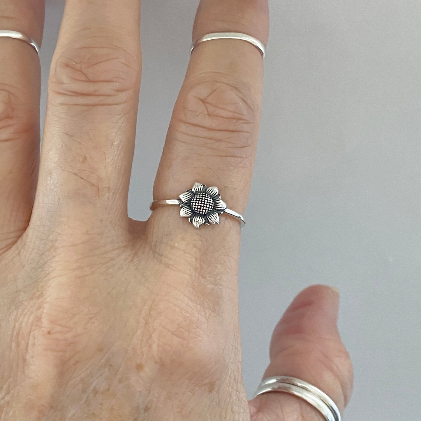 Sterling Silver Small Sunflower Ring, Minimalist Flower Silver Rings