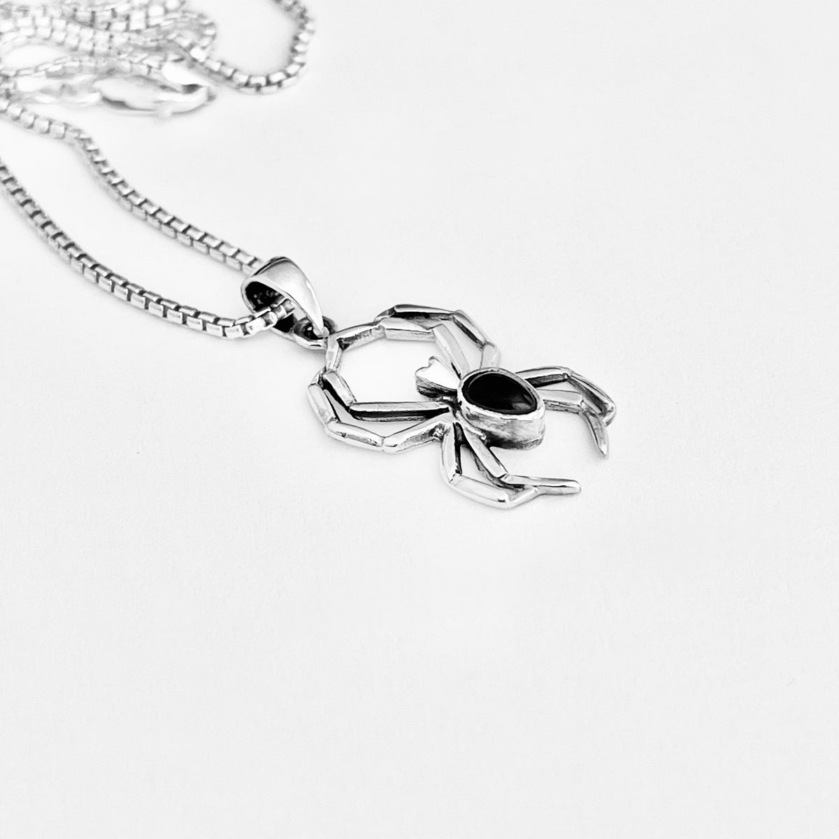 925 Sterling Silver Spider with Black Onyx Necklace | Insect Bug Spiderweb Pendant Chain