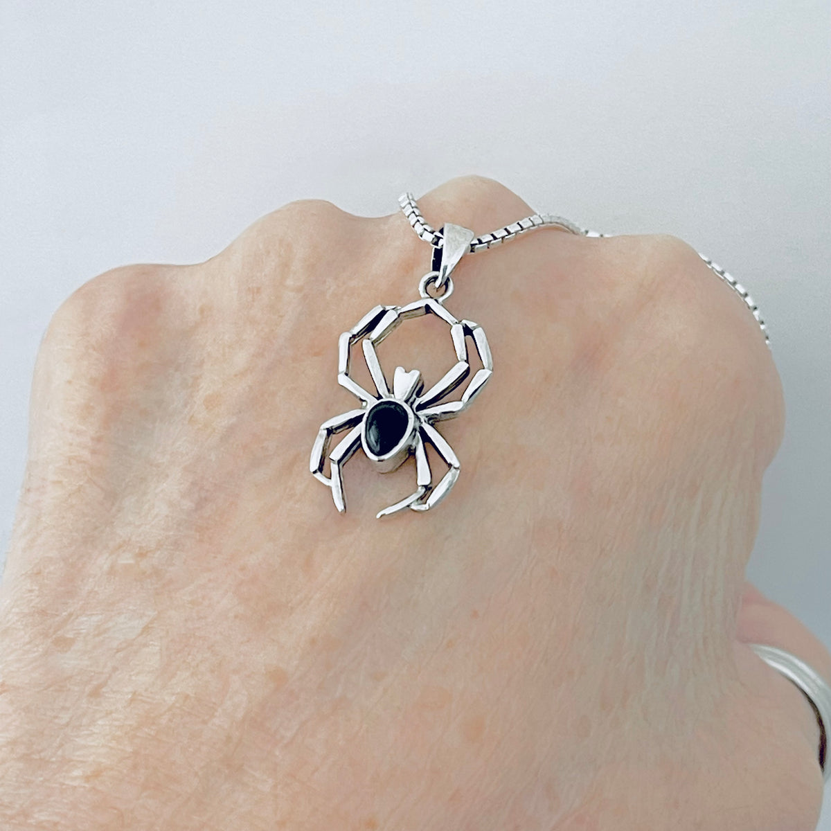 925 Sterling Silver Spider with Black Onyx Necklace | Insect Bug Spiderweb Pendant Chain