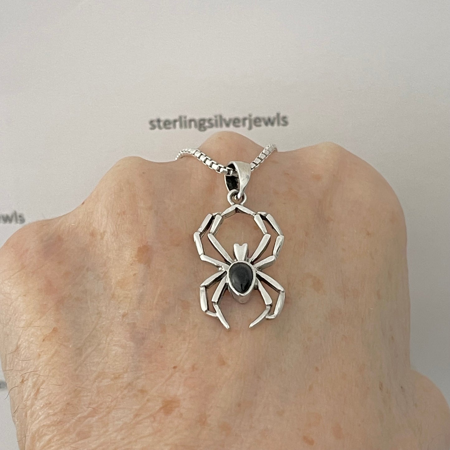 Sterling Silver Large Spider with Black Onyx Necklace, Silver Bug Necklace