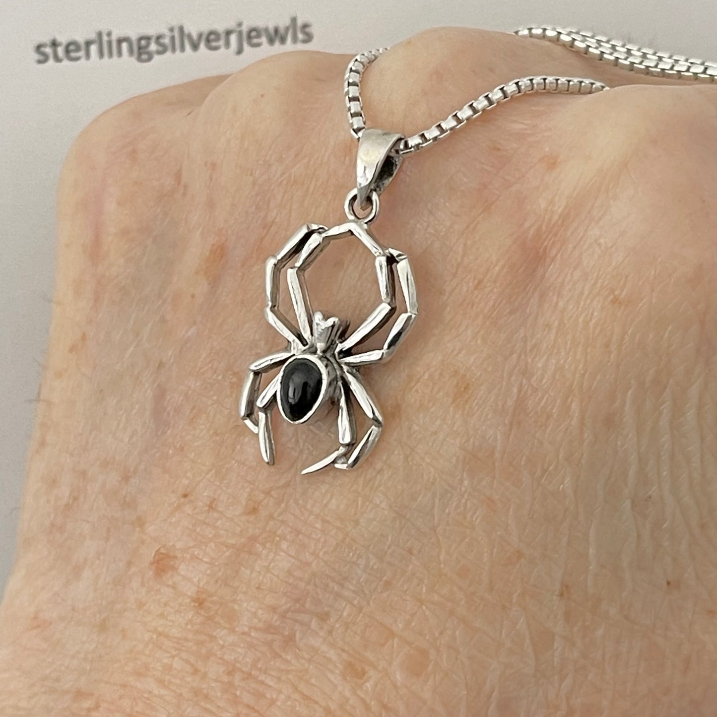 Sterling Silver Large Spider with Black Onyx Necklace, Silver Bug Necklace