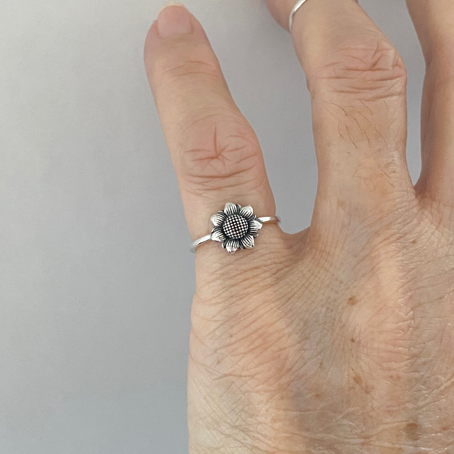 Sterling Silver Small Sunflower Ring, Minimalist Flower Silver Rings