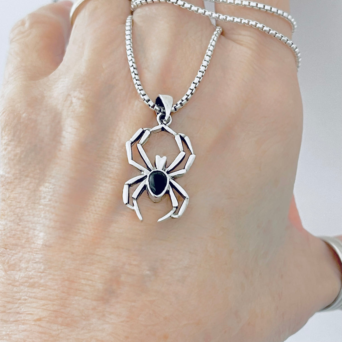 925 Sterling Silver Spider with Black Onyx Necklace | Insect Bug Spiderweb Pendant Chain