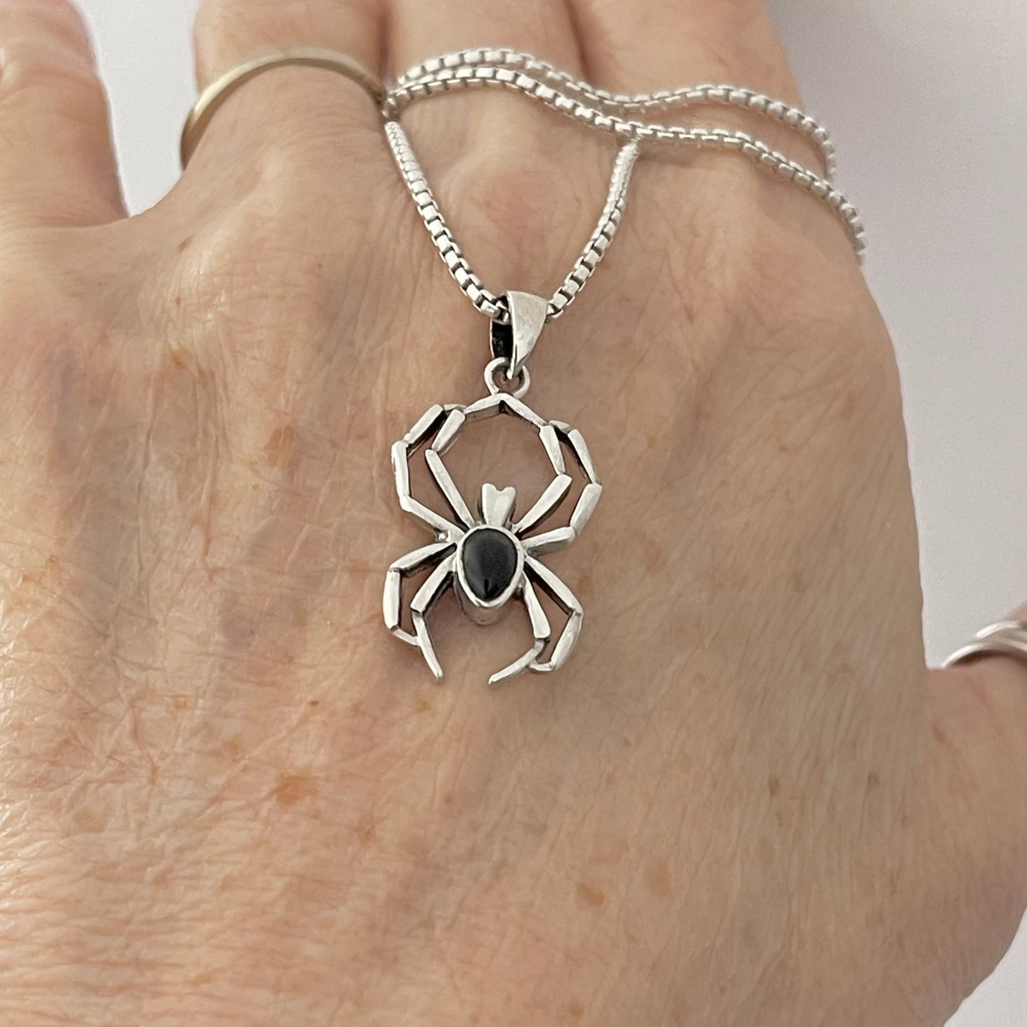 Sterling Silver Large Spider with Black Onyx Necklace, Silver Bug Necklace