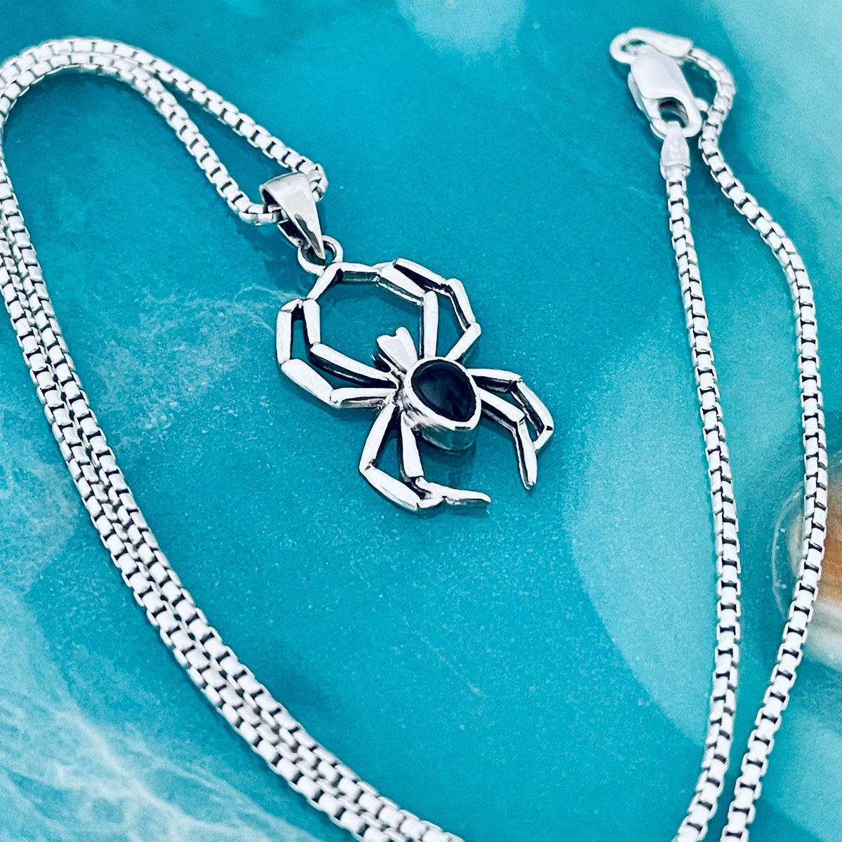 925 Sterling Silver Spider with Black Onyx Necklace | Insect Bug Spiderweb Pendant Chain