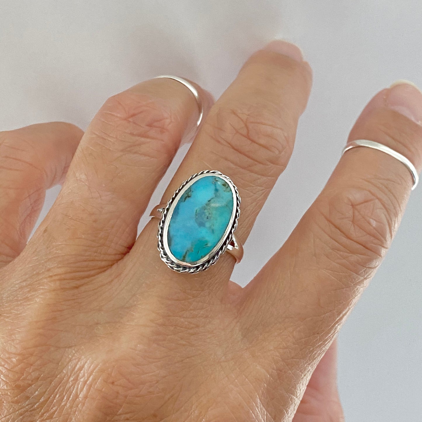 Statement Oval Genuine Turquoise Ring with Braid Sterling Silver, Stone Silver Rings