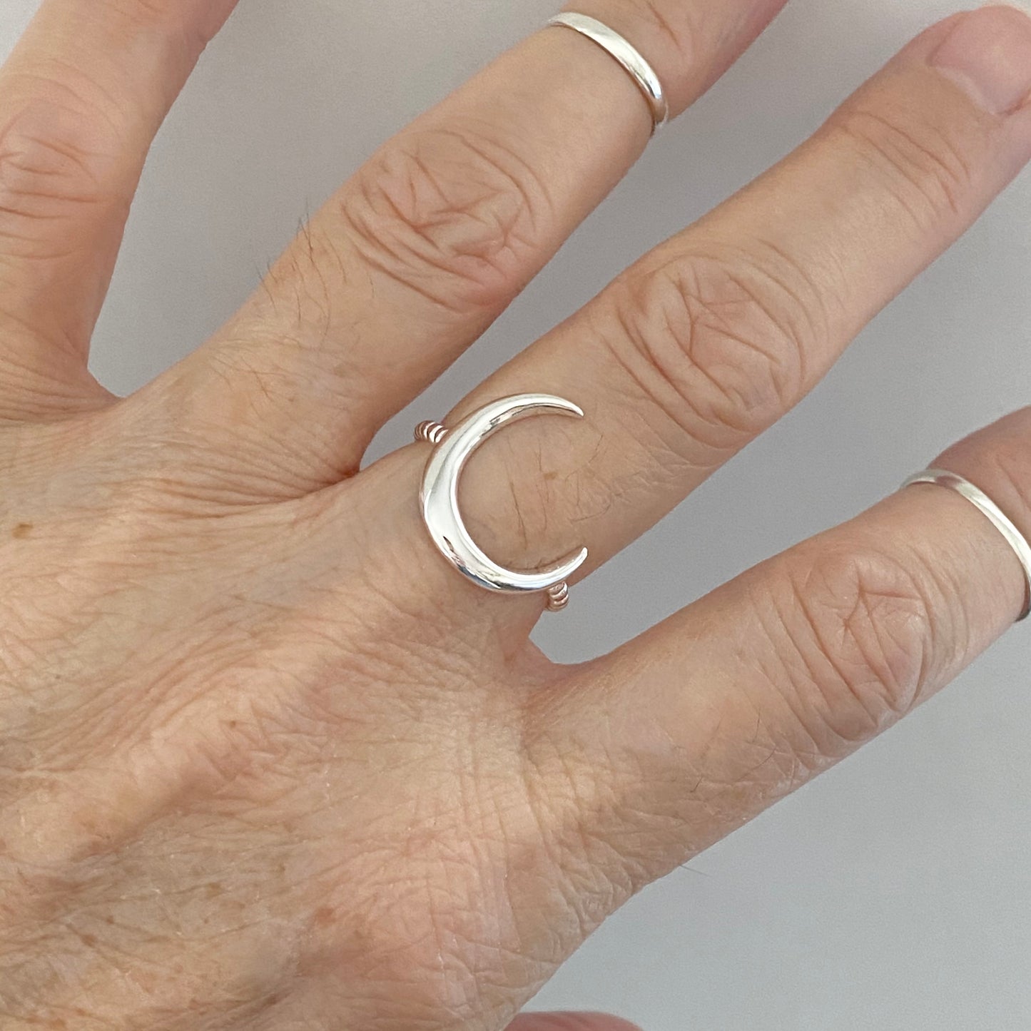 Sterling Silver Large Crescent Moon Ring with Rope Band, Celestial Rings