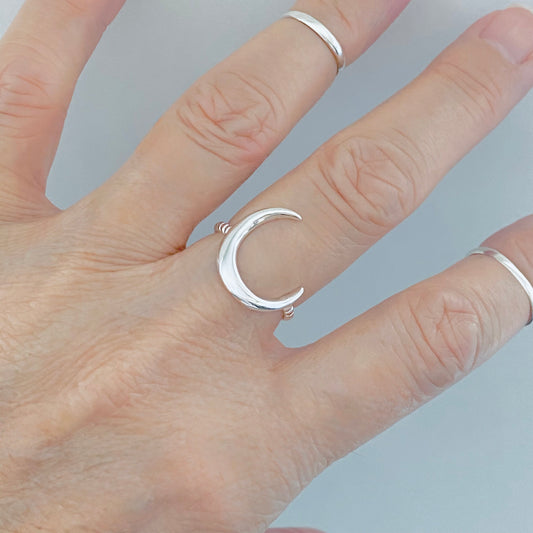 Sterling Silver Large Crescent Moon Ring with Rope Band, Celestial Silver Rings