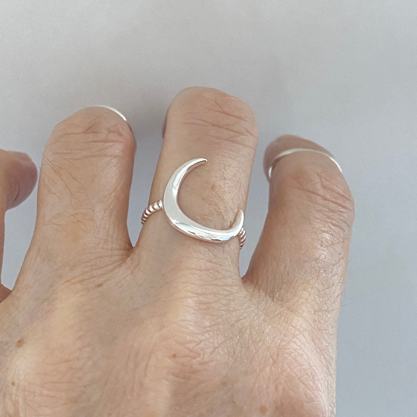 Sterling Silver Large Crescent Moon Ring with Rope Band, Celestial Rings