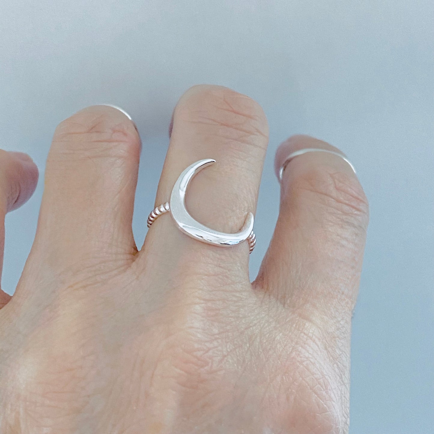 Sterling Silver Large Crescent Moon Ring with Rope Band, Celestial Silver Rings
