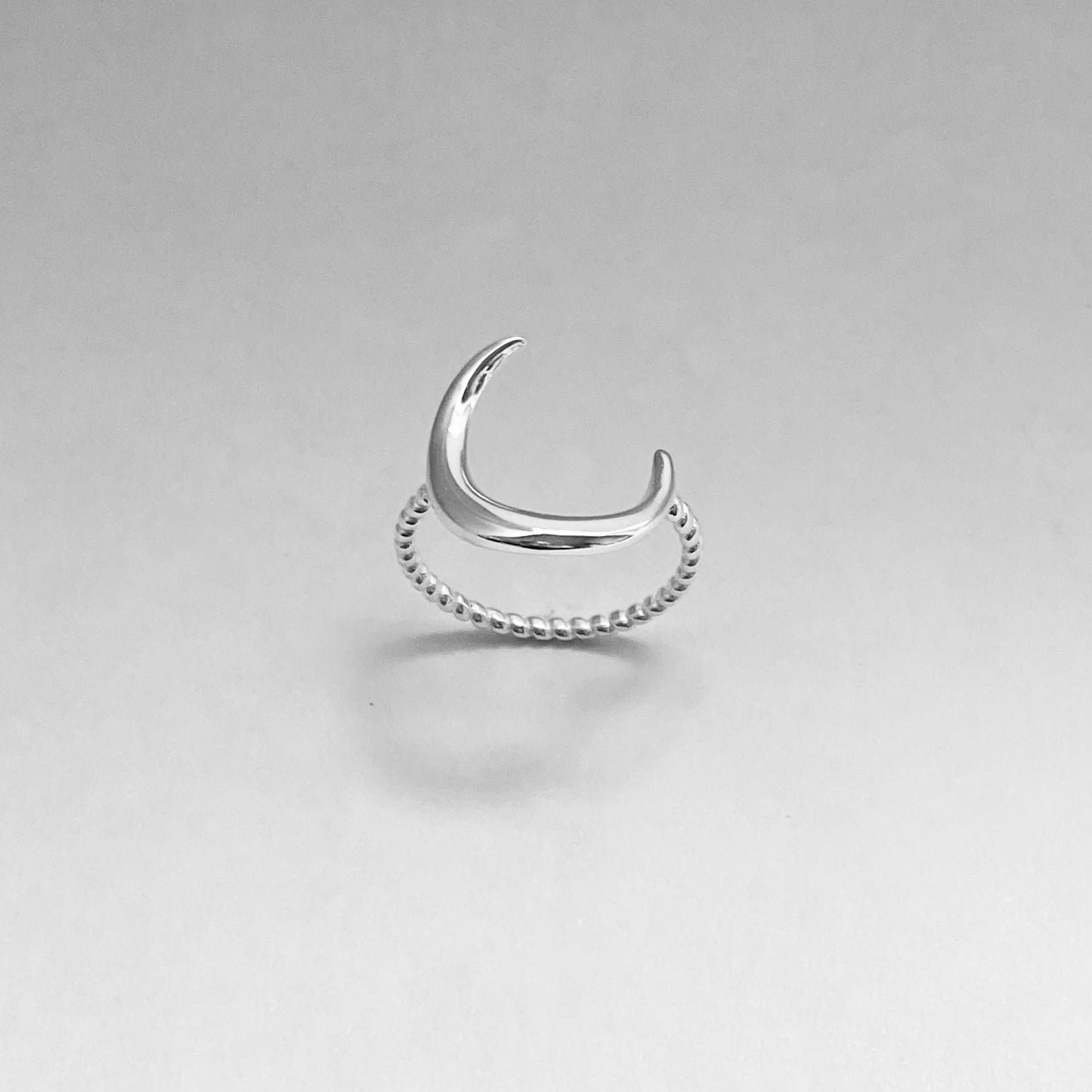 Sterling Silver Large Crescent Moon Ring with Rope Band, Celestial Rings