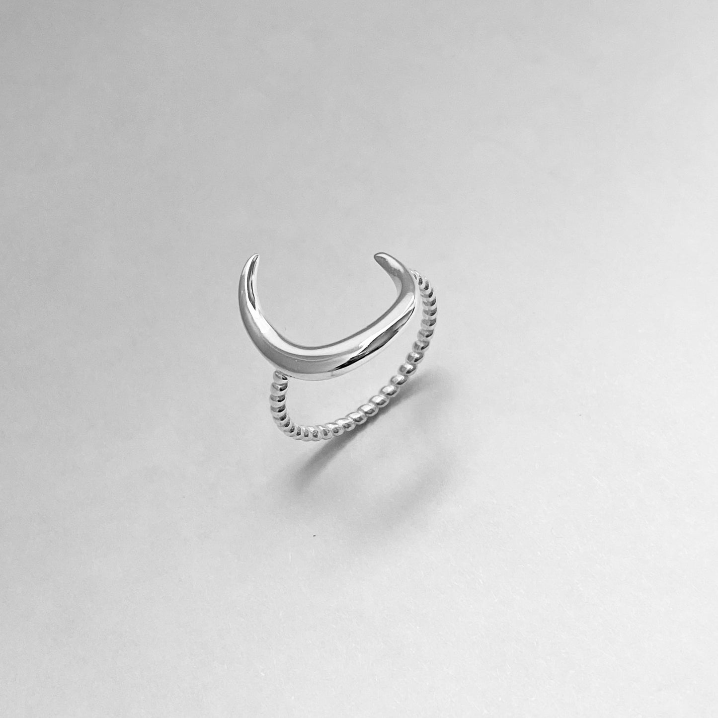 Sterling Silver Large Crescent Moon Ring with Rope Band, Celestial Rings