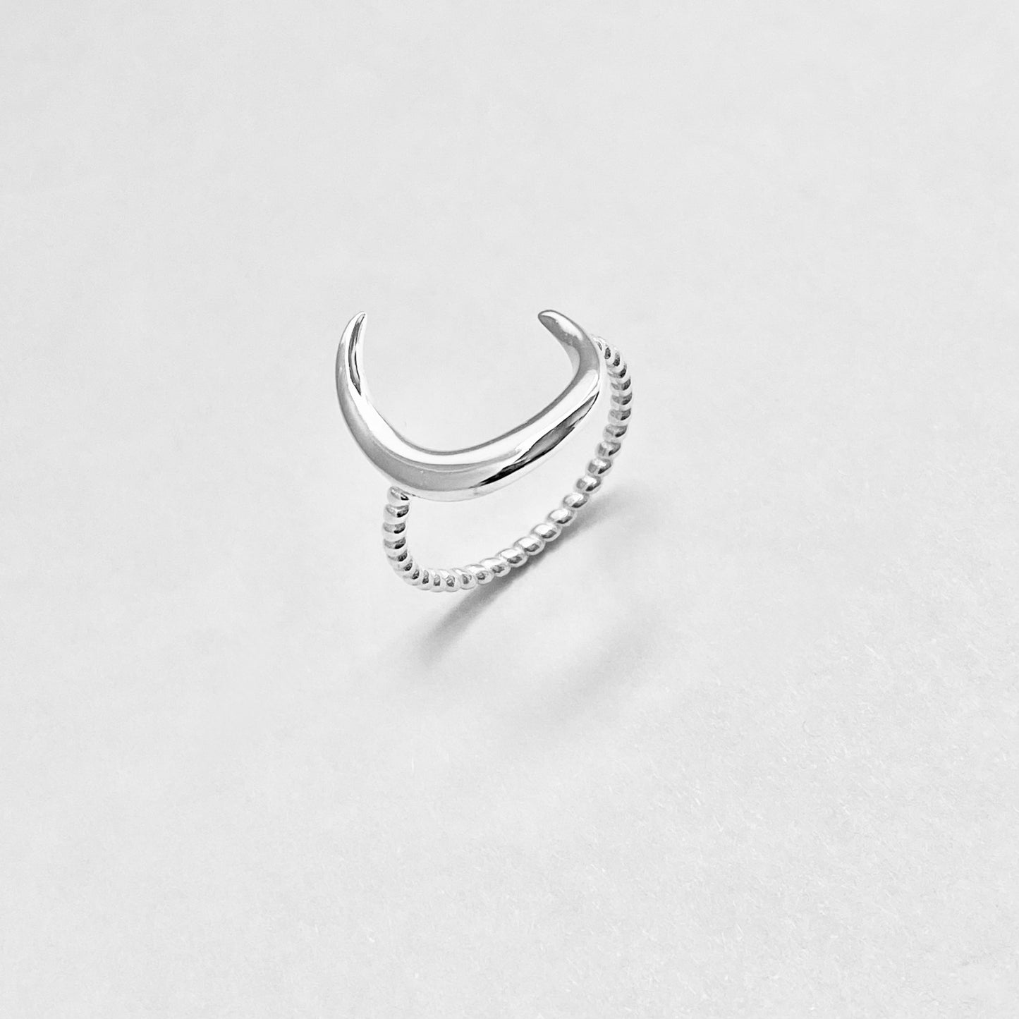 Sterling Silver Large Crescent Moon Ring with Rope Band, Celestial Silver Rings