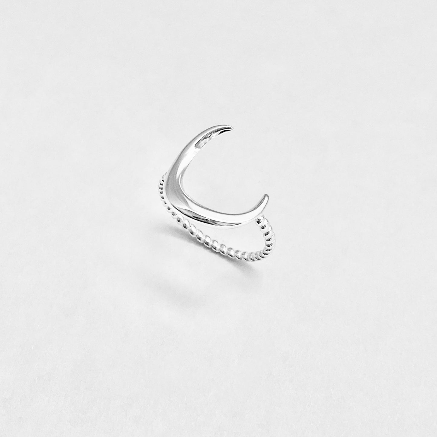 Sterling Silver Large Crescent Moon Ring with Rope Band, Celestial Silver Rings