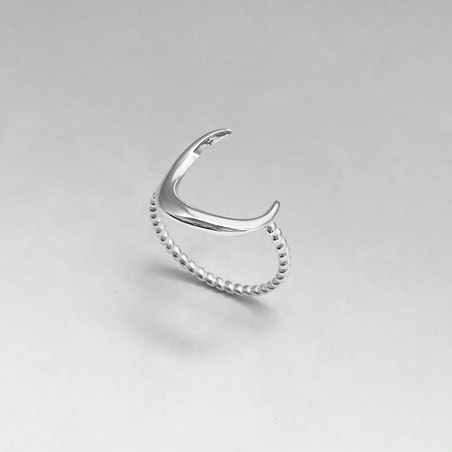 Sterling Silver Large Crescent Moon Ring with Rope Band, Celestial Rings