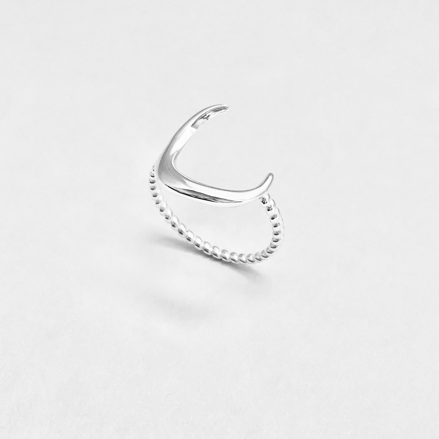 Sterling Silver Large Crescent Moon Ring with Rope Band, Celestial Silver Rings