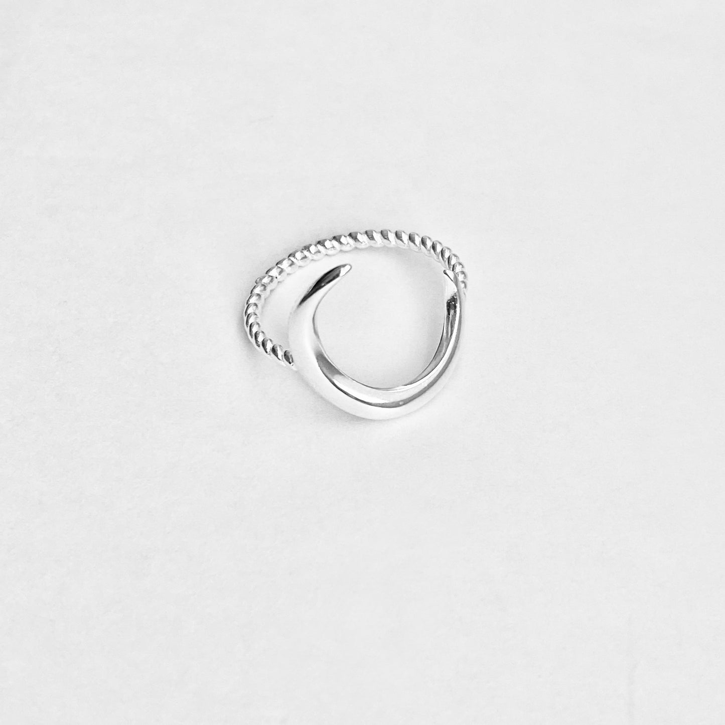 Sterling Silver Large Crescent Moon Ring with Rope Band, Celestial Silver Rings