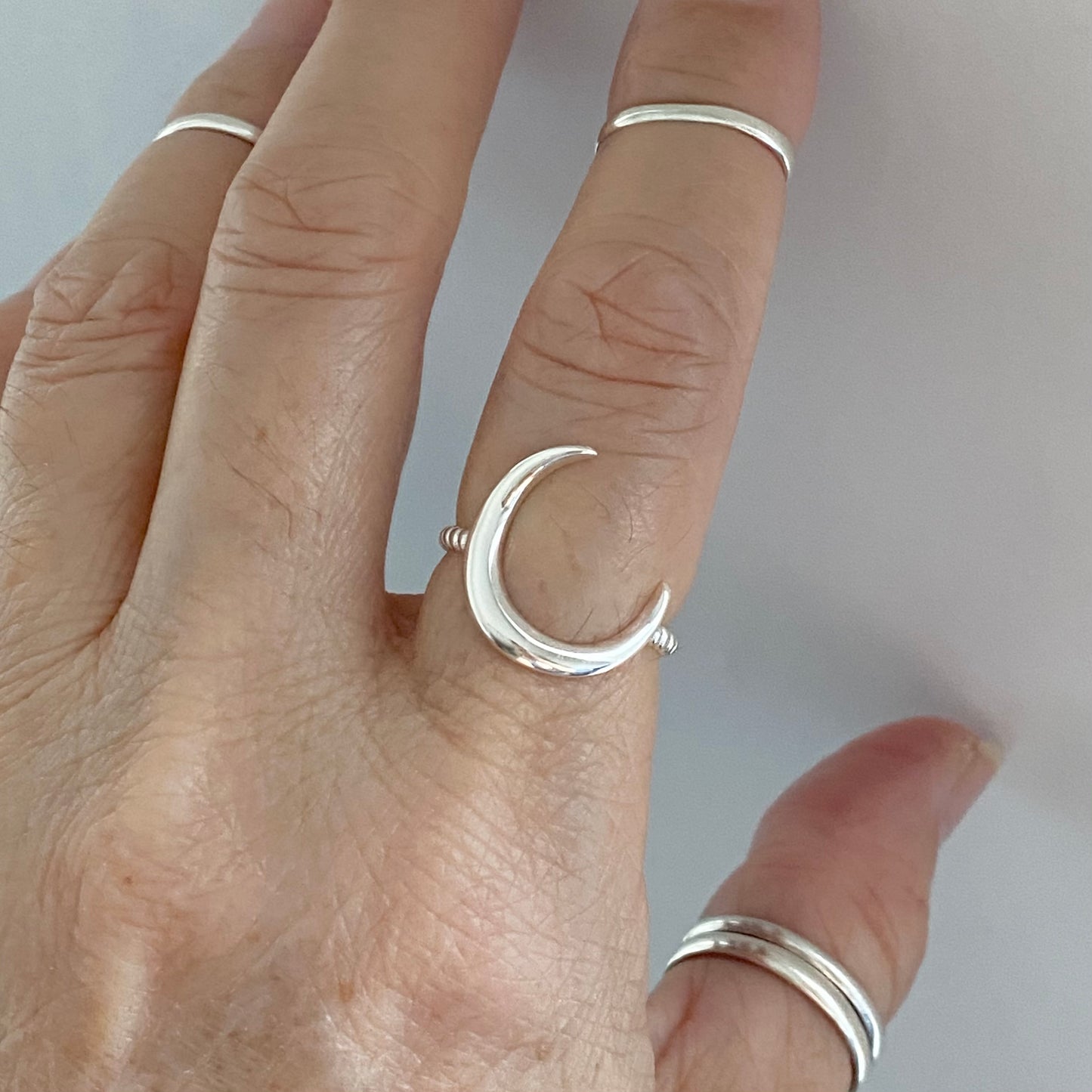 Sterling Silver Large Crescent Moon Ring with Rope Band, Celestial Rings