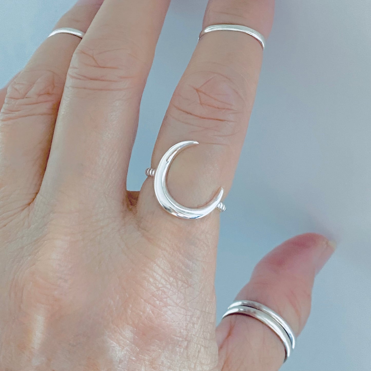 Sterling Silver Large Crescent Moon Ring with Rope Band, Celestial Silver Rings