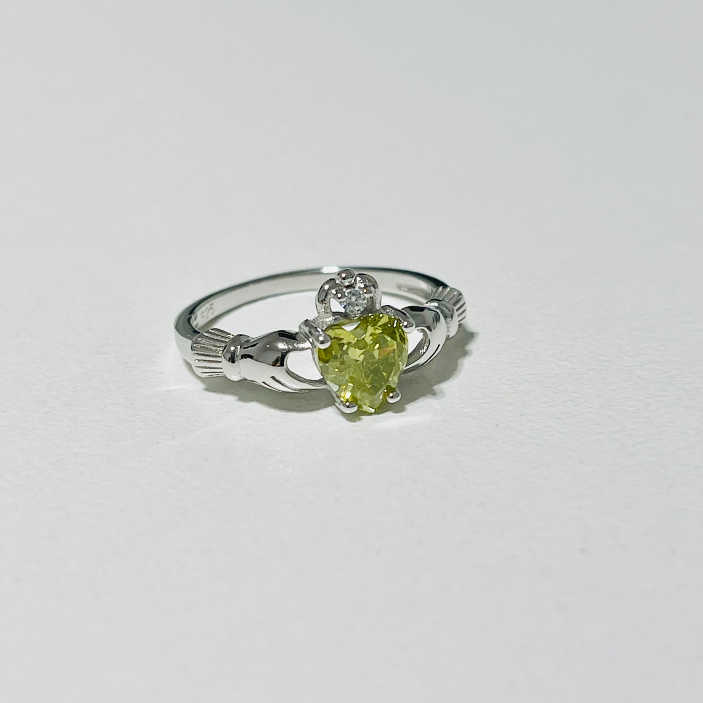 Sterling Silver Peridot CZ Heart Claddagh Ring, August Birthstone Silver Ring