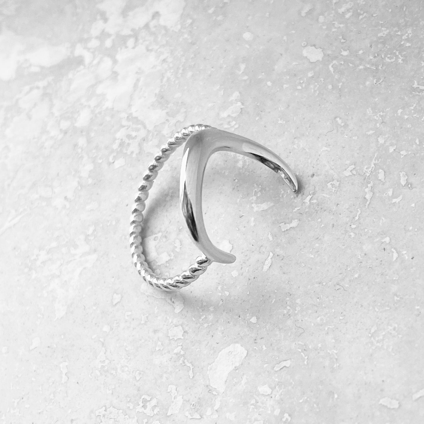 Sterling Silver Large Crescent Moon Ring with Rope Band, Celestial Rings