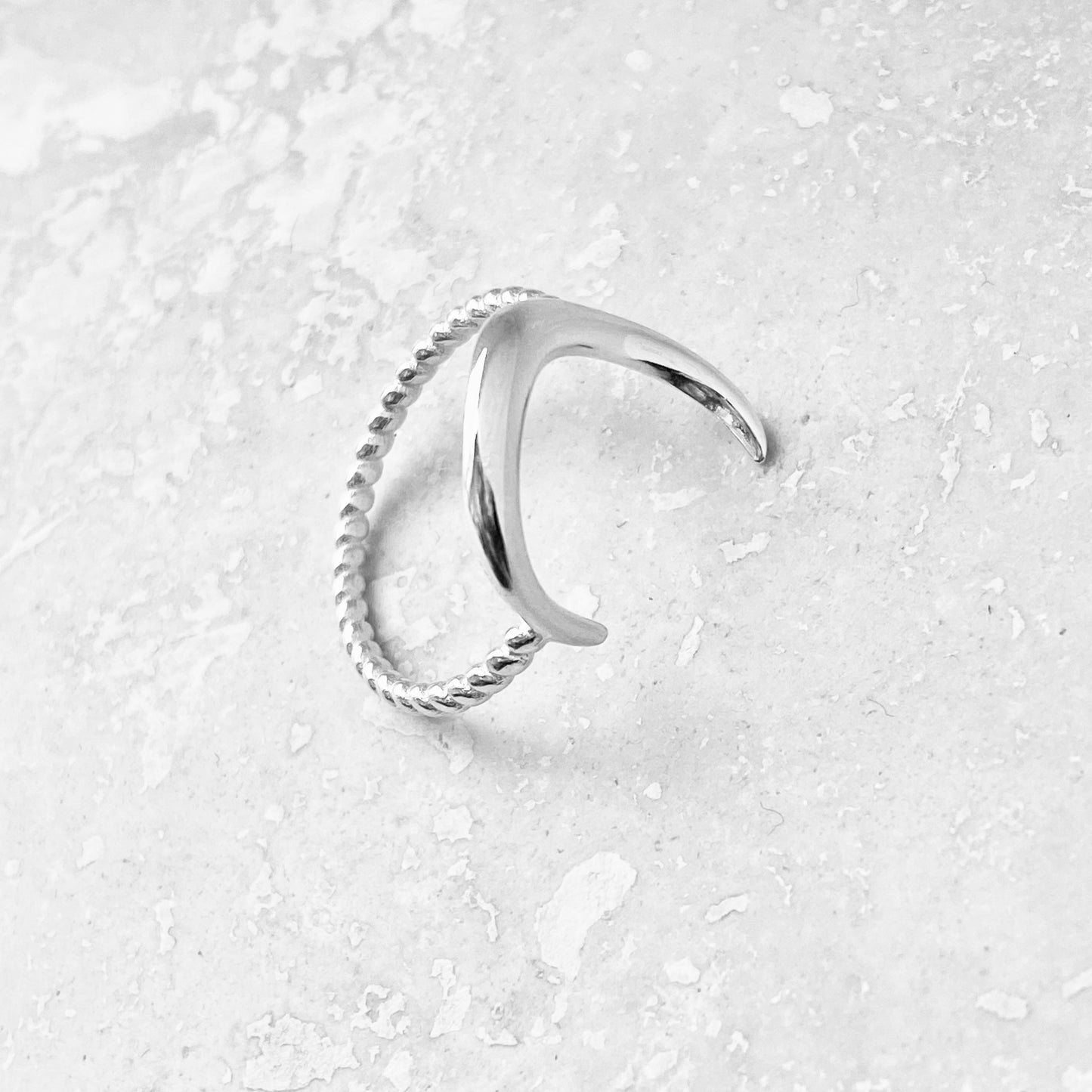 Sterling Silver Large Crescent Moon Ring with Rope Band, Celestial Silver Rings