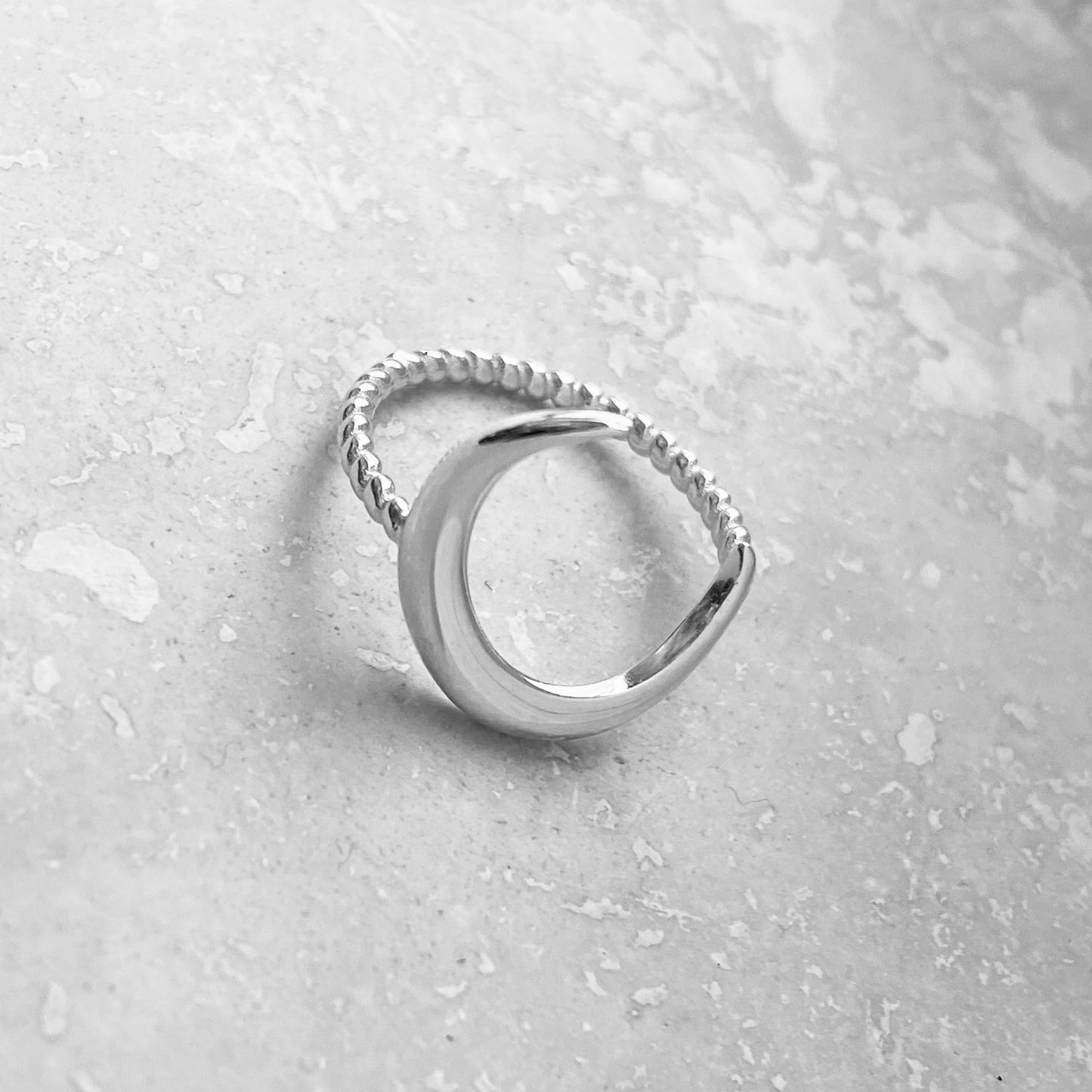 Sterling Silver Large Crescent Moon Ring with Rope Band, Celestial Rings