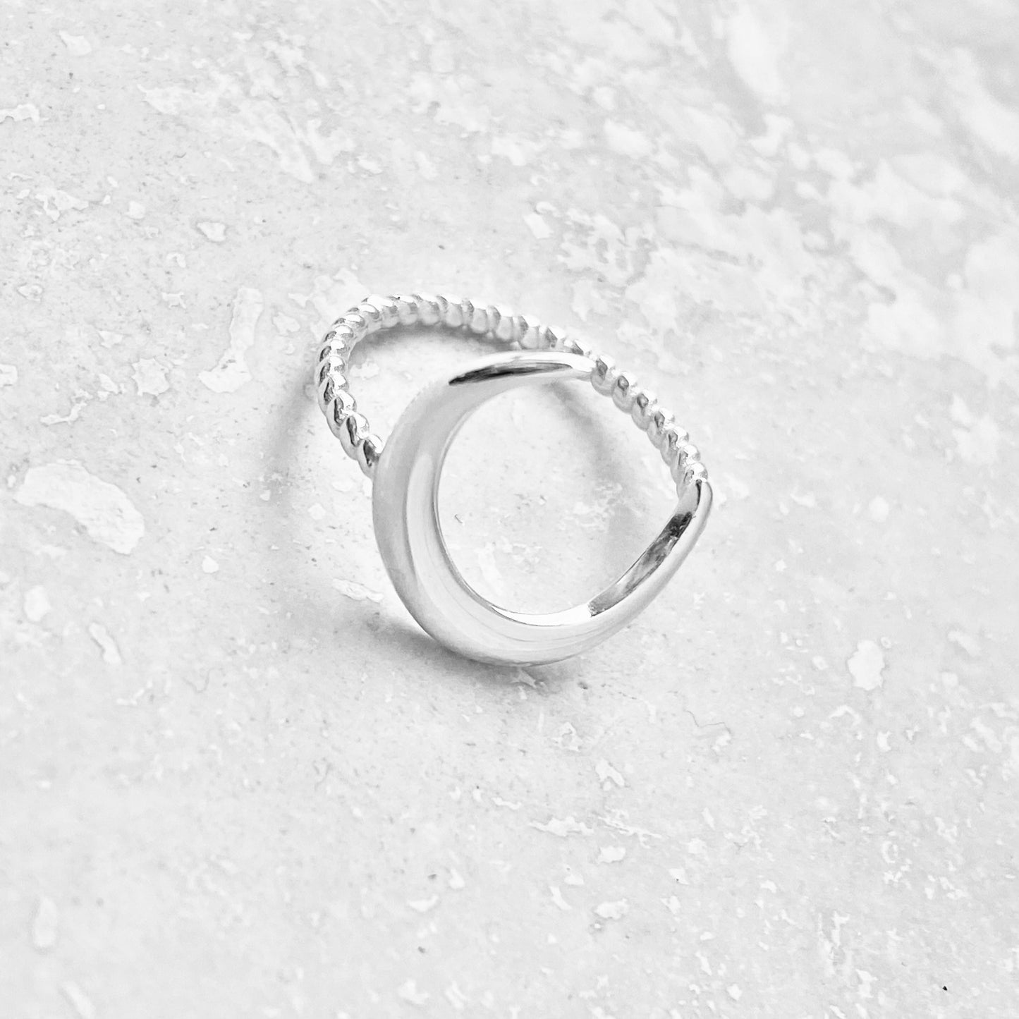 Sterling Silver Large Crescent Moon Ring with Rope Band, Celestial Silver Rings