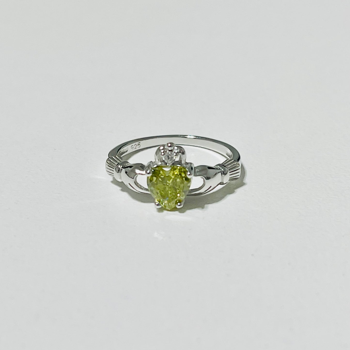 Sterling Silver Peridot CZ Heart Claddagh Ring, August Birthstone Silver Ring