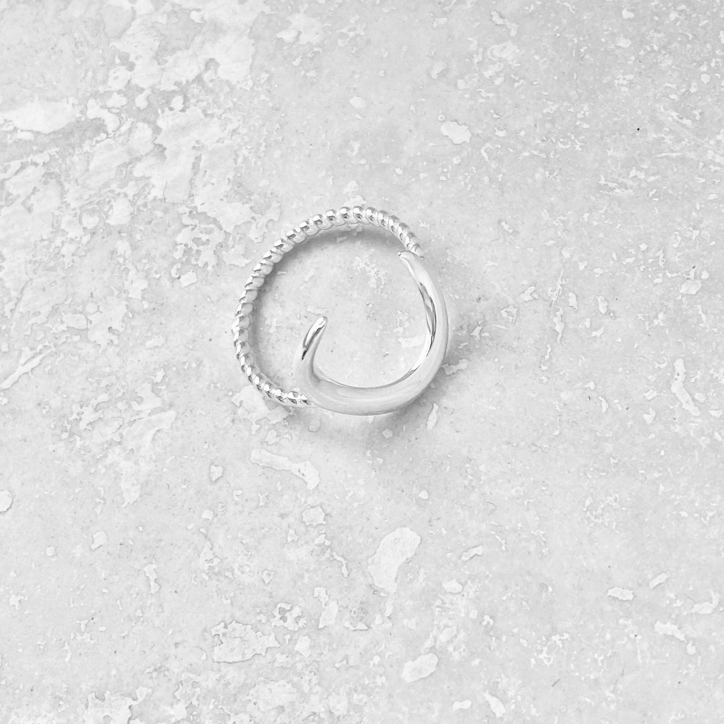 Sterling Silver Large Crescent Moon Ring with Rope Band, Celestial Silver Rings