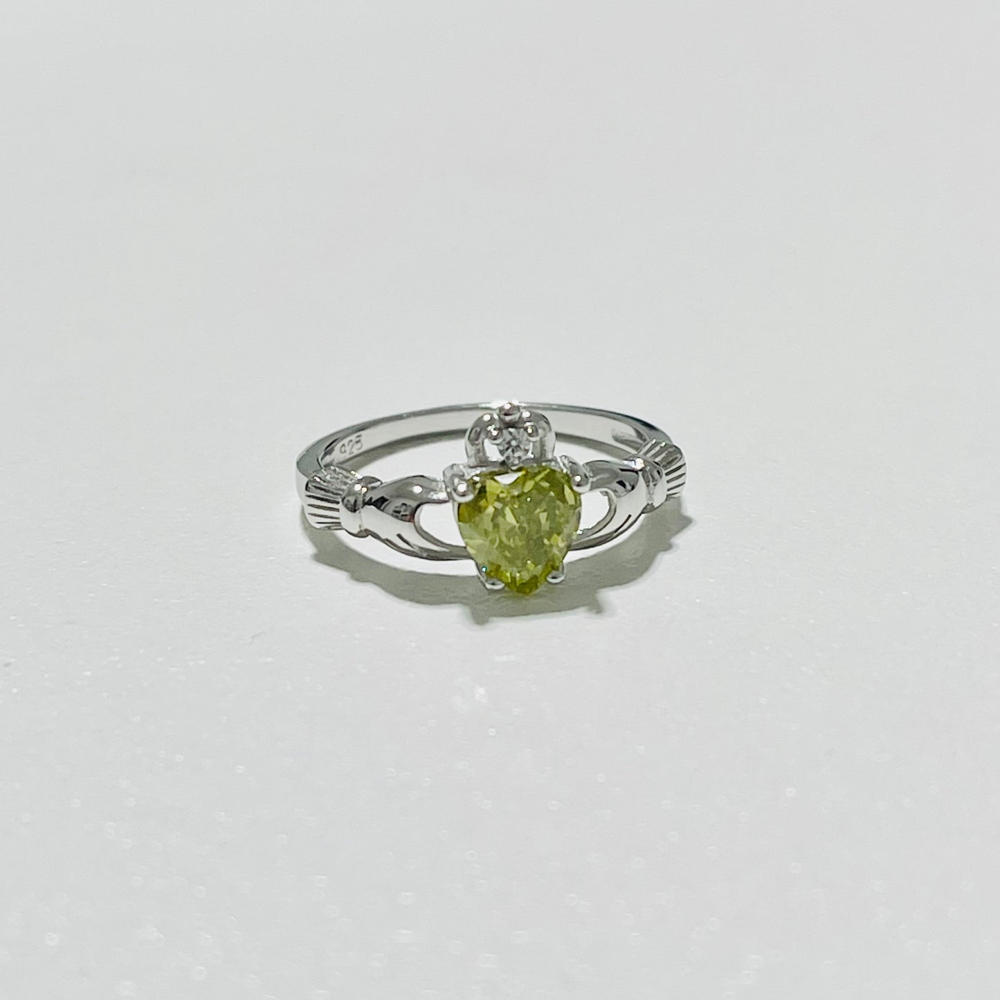 Sterling Silver Peridot CZ Heart Claddagh Ring, August Birthstone Silver Ring