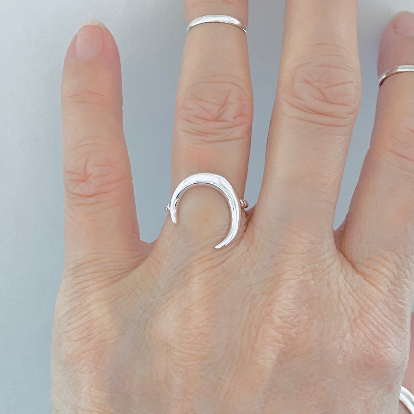Sterling Silver Large Crescent Moon Ring with Rope Band, Celestial Silver Rings