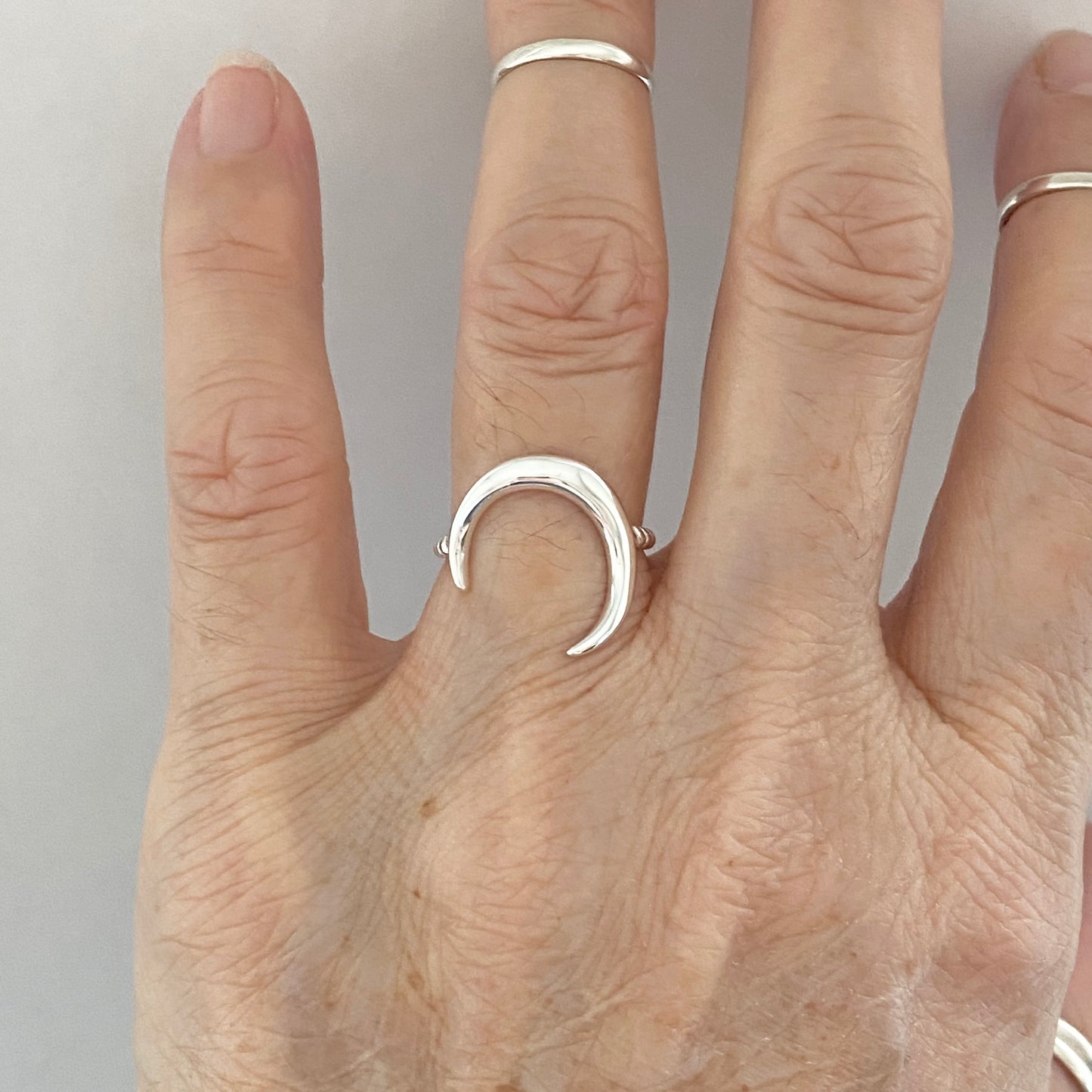 Sterling Silver Large Crescent Moon Ring with Rope Band, Celestial Rings