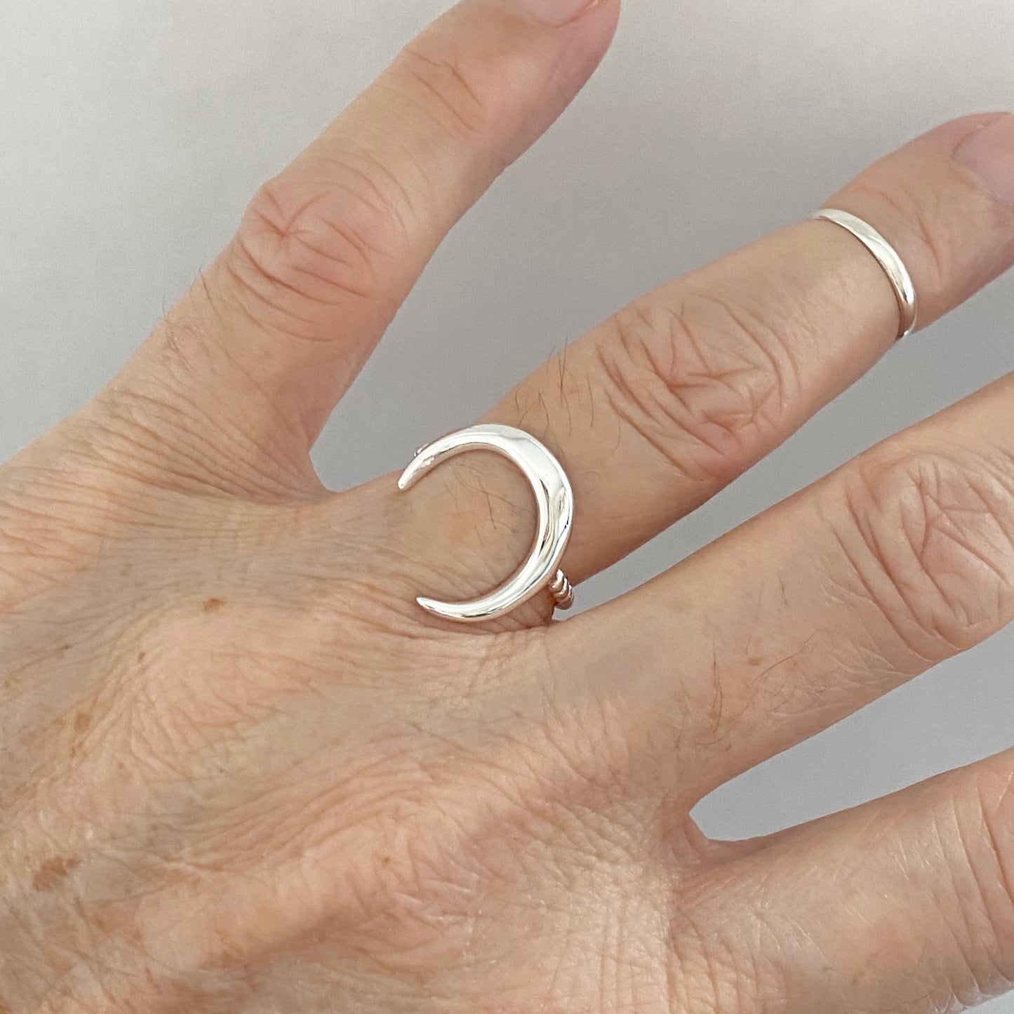 Sterling Silver Large Crescent Moon Ring with Rope Band, Celestial Rings