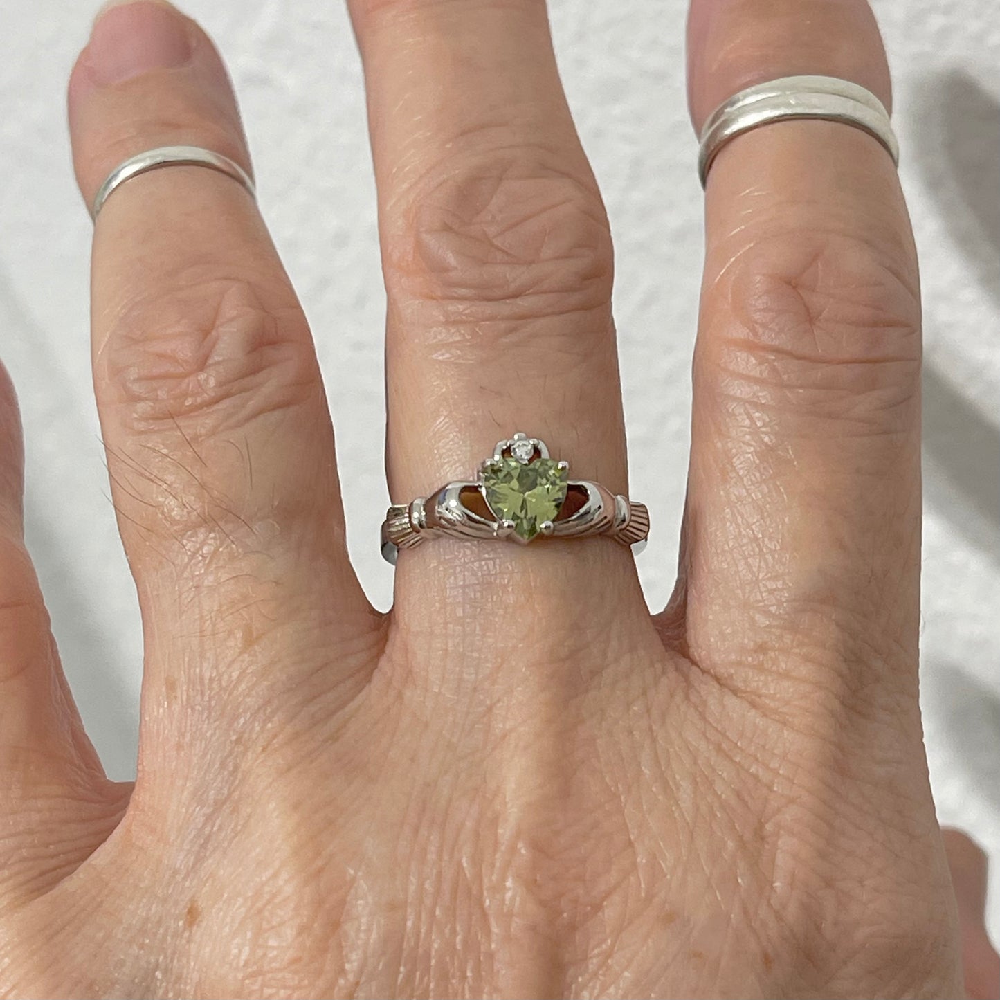 Sterling Silver Peridot CZ Heart Claddagh Ring, August Birthstone Silver Ring