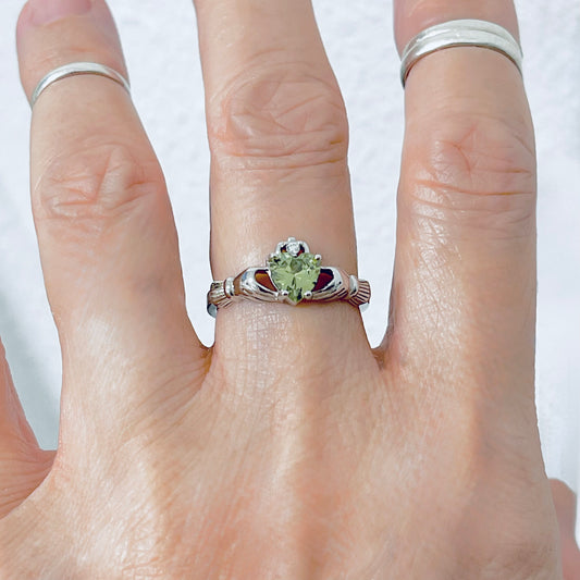 925 Sterling Silver Peridot CZ Heart Irish Claddagh Ring | August Birthstone Friendship Rings