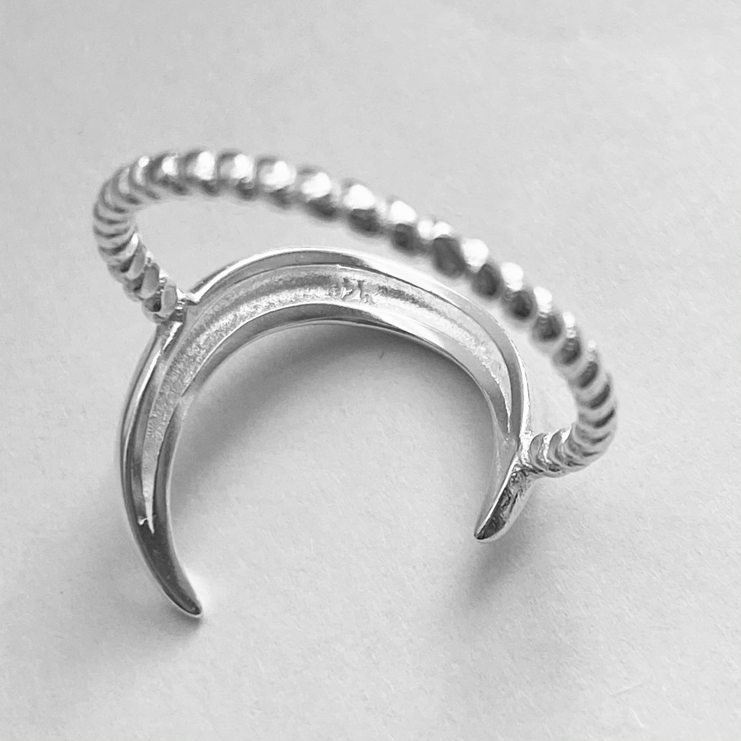 Sterling Silver Large Crescent Moon Ring with Rope Band, Celestial Rings