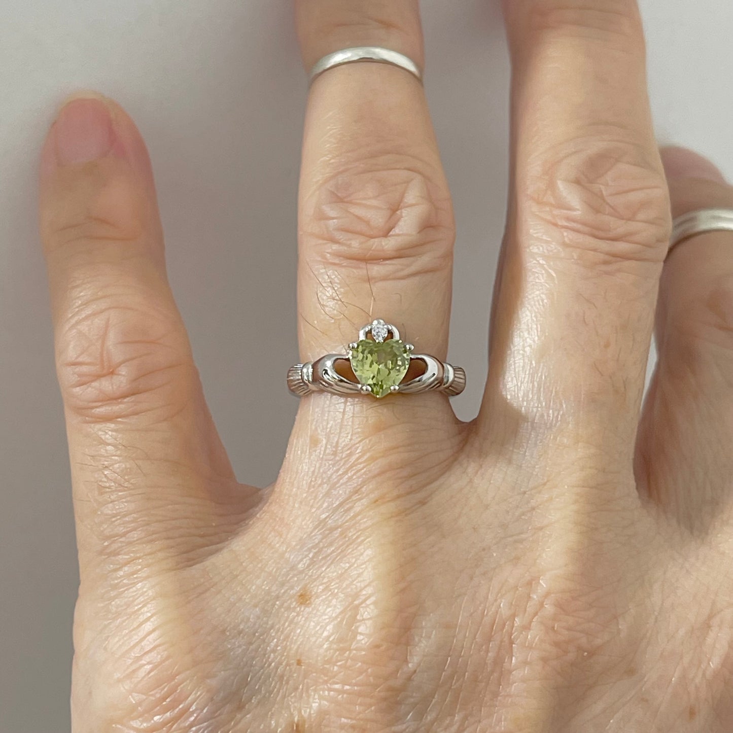 Sterling Silver Peridot CZ Heart Claddagh Ring, August Birthstone Silver Ring