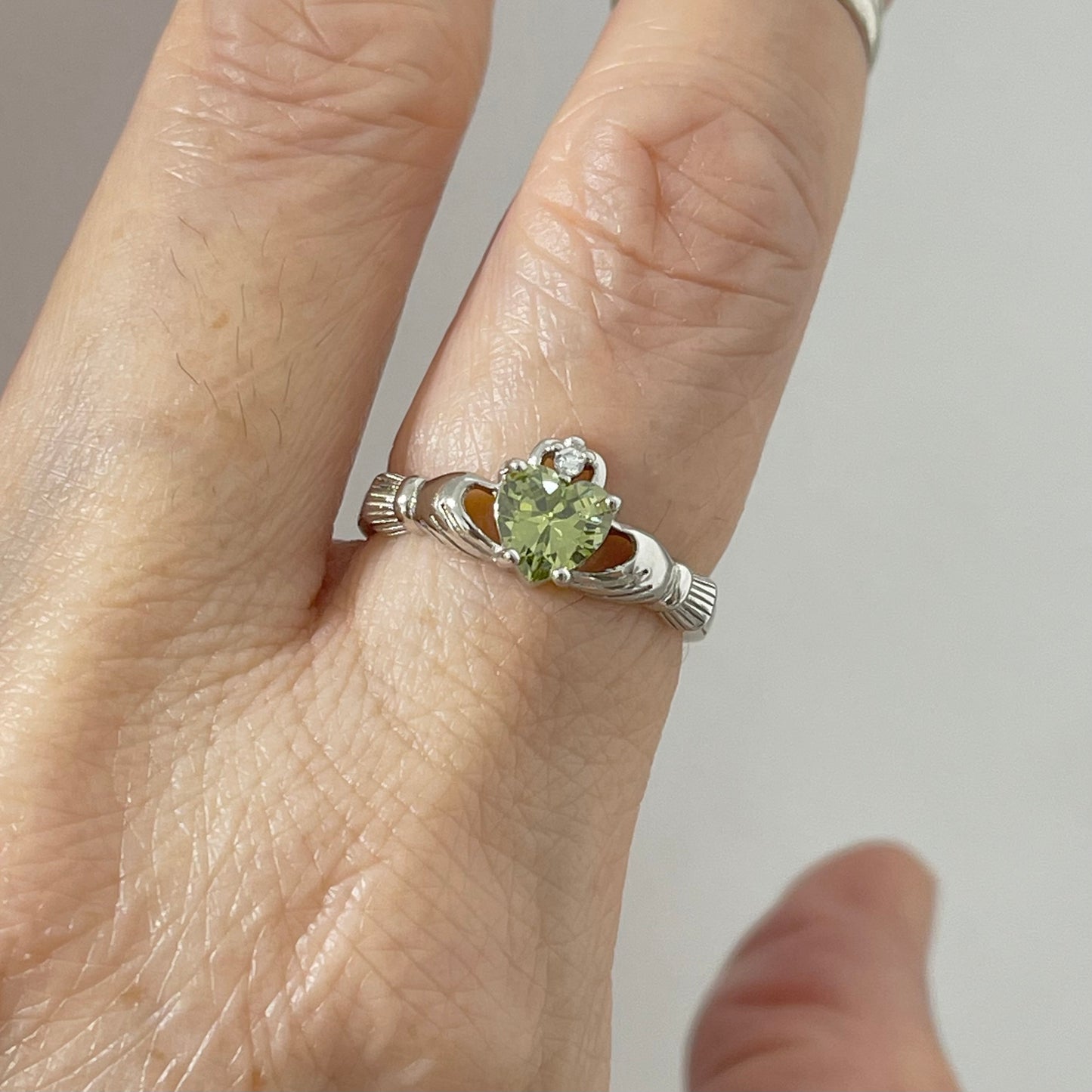 Sterling Silver Peridot CZ Heart Claddagh Ring, August Birthstone Silver Ring