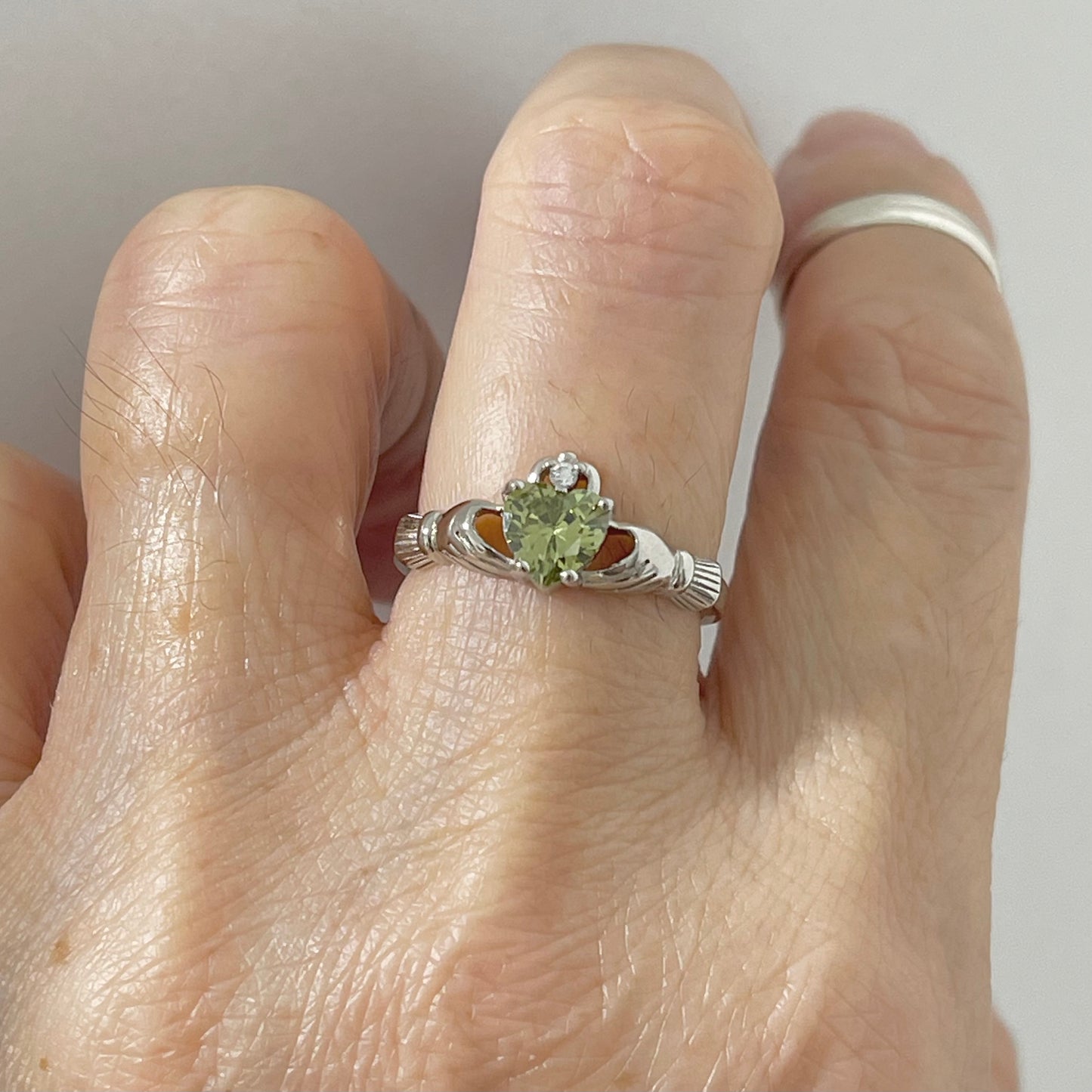 Sterling Silver Peridot CZ Heart Claddagh Ring, August Birthstone Silver Ring