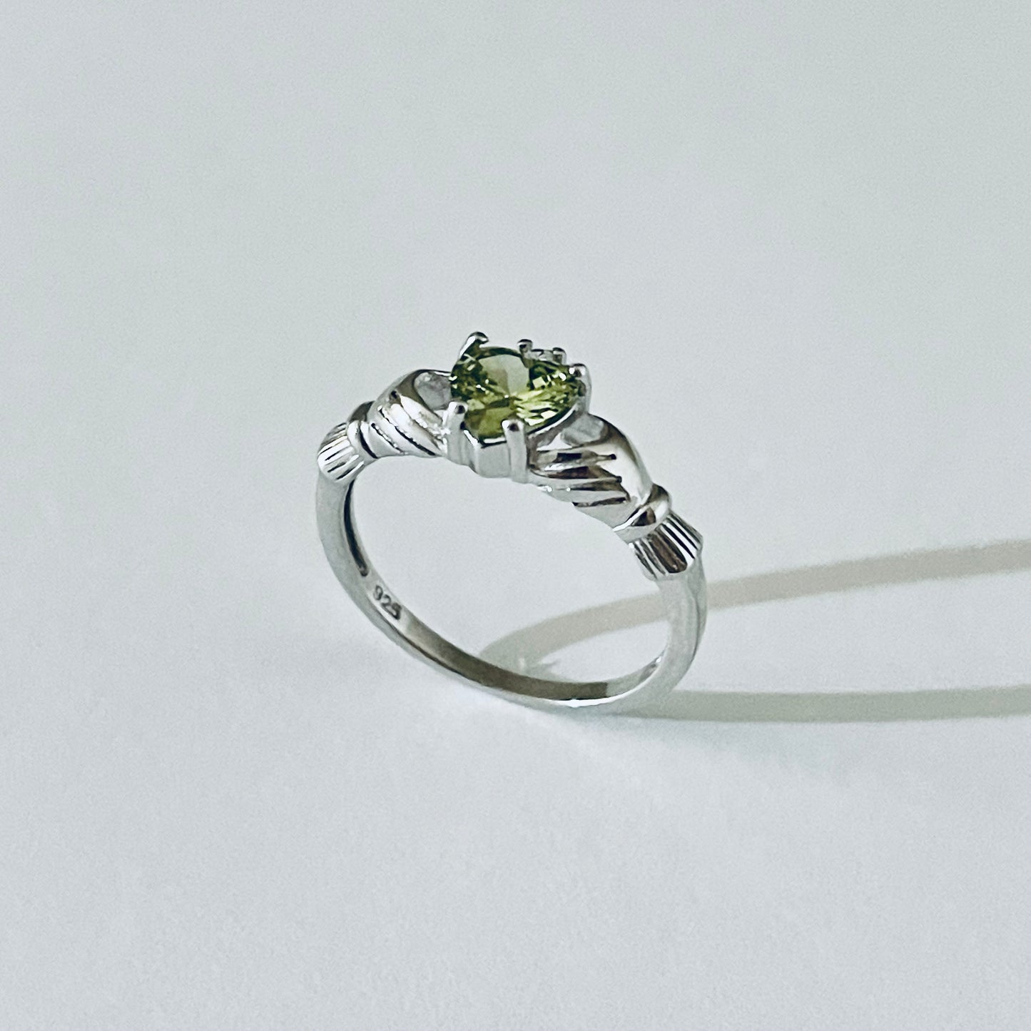 Sterling Silver Peridot CZ Heart Claddagh Ring, August Birthstone Silver Ring