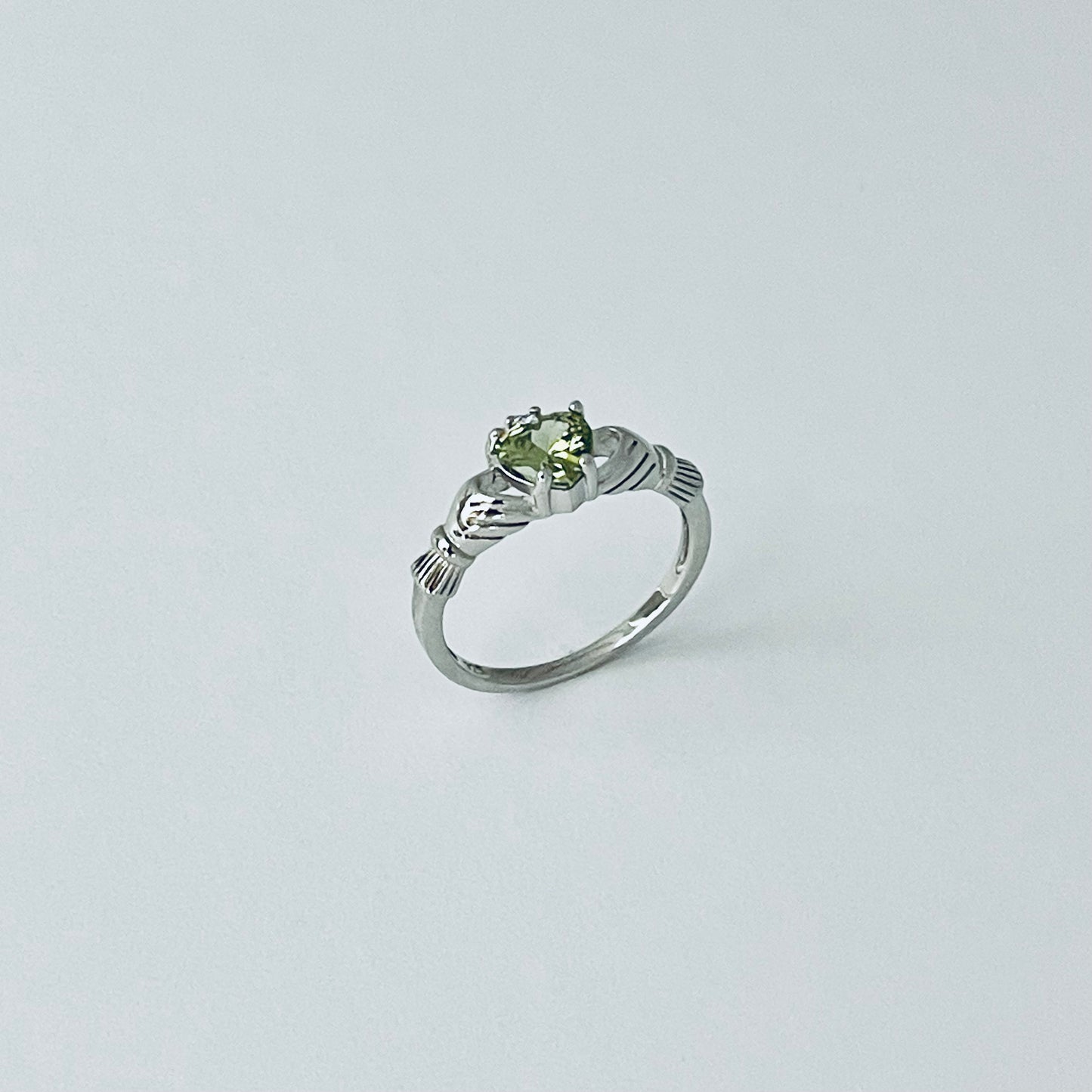 Sterling Silver Peridot CZ Heart Claddagh Ring, August Birthstone Silver Ring