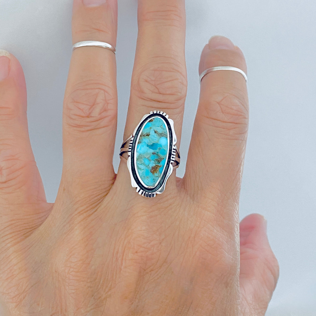 925 Sterling Silver Long Oval Genuine Turquoise Ring | Unisex Western Statement Stone Jewelry