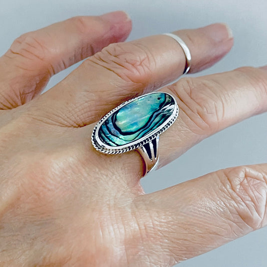 925 Sterling Silver Statement Abalone Shell Ring | Long Oval Ocean Seashell Rings