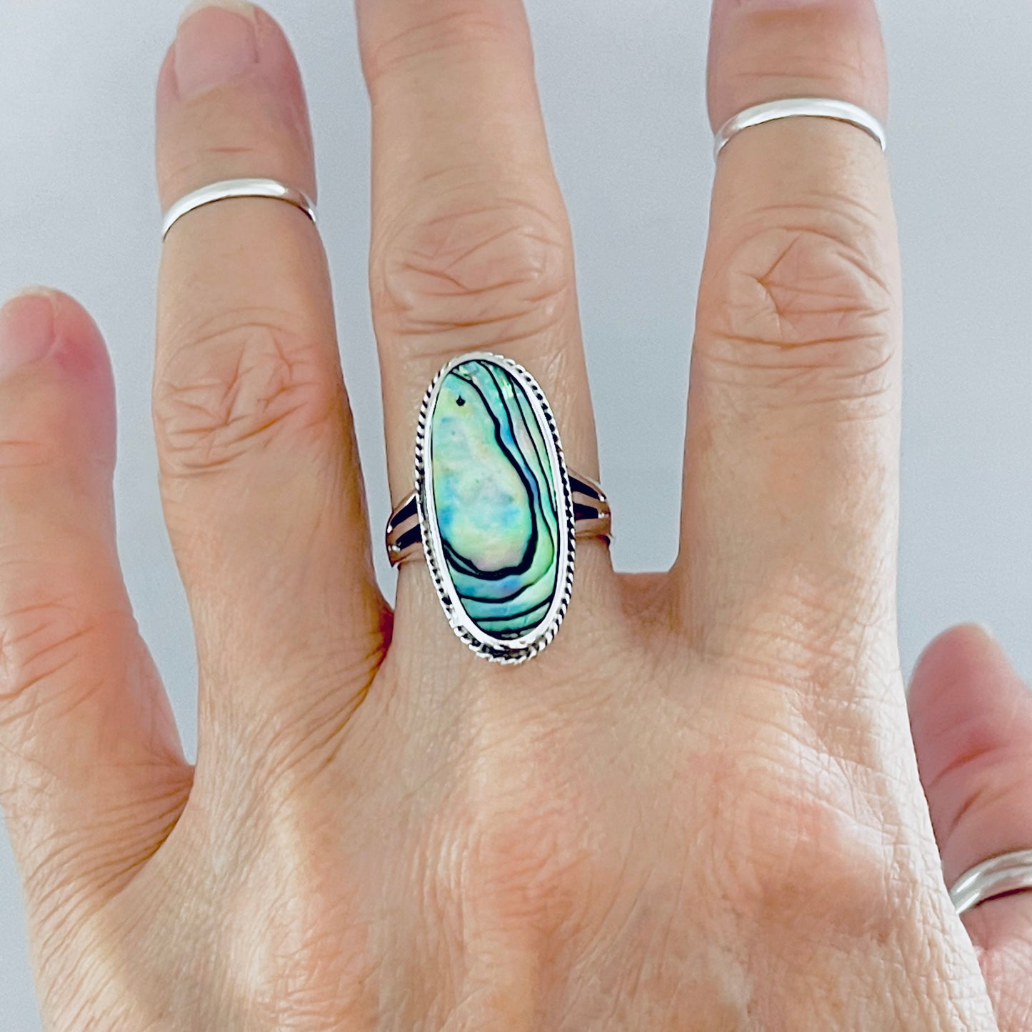 925 Sterling Silver Abalone Shell Ring | Long Oval Statement Ocean Jewelry